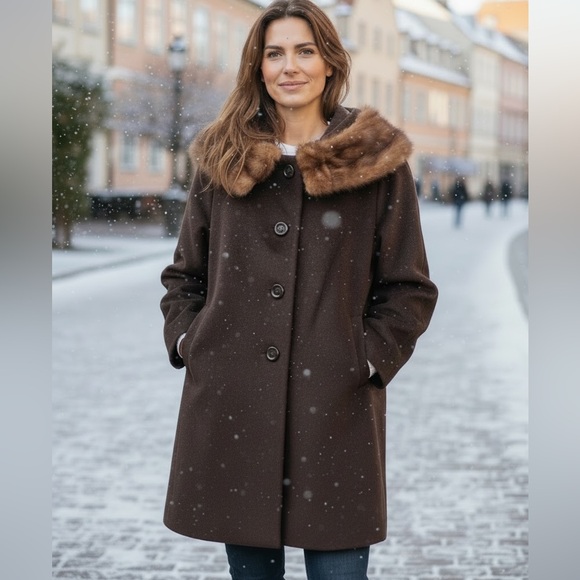 Vintage Jackets & Blazers - Vintage 60’s Ladies Brown Fox Fur Collar Mink Button Down Long Trench Coat